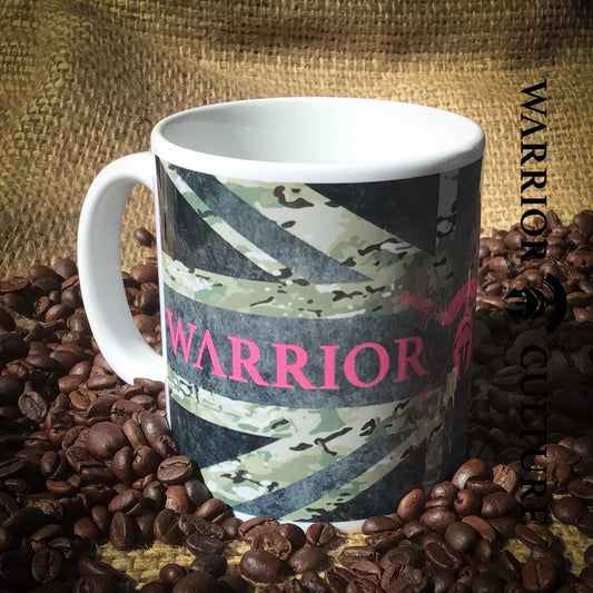 Pink Warrior Culture logo on a multi-cam Union Flag.