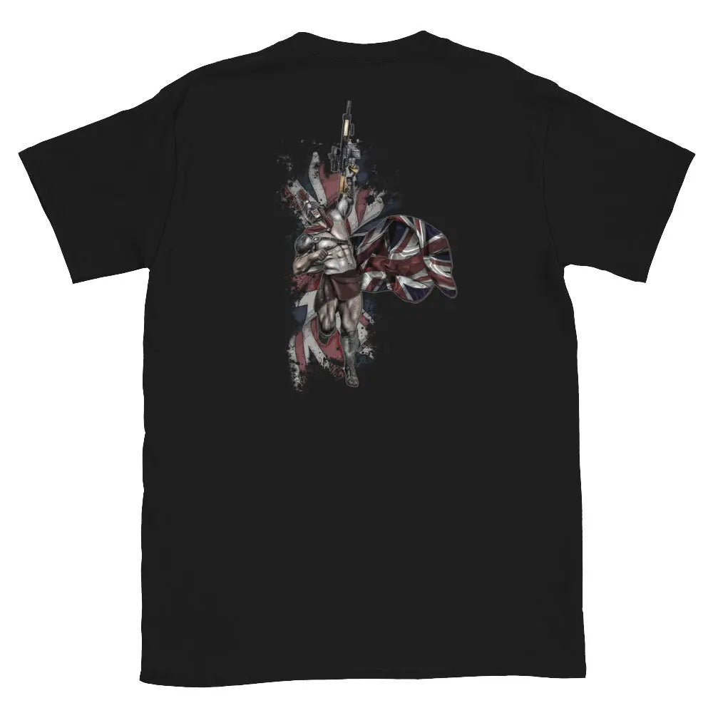 Black Warrior Culture T-Shirt with a tactical spartan with an L129 rifle.