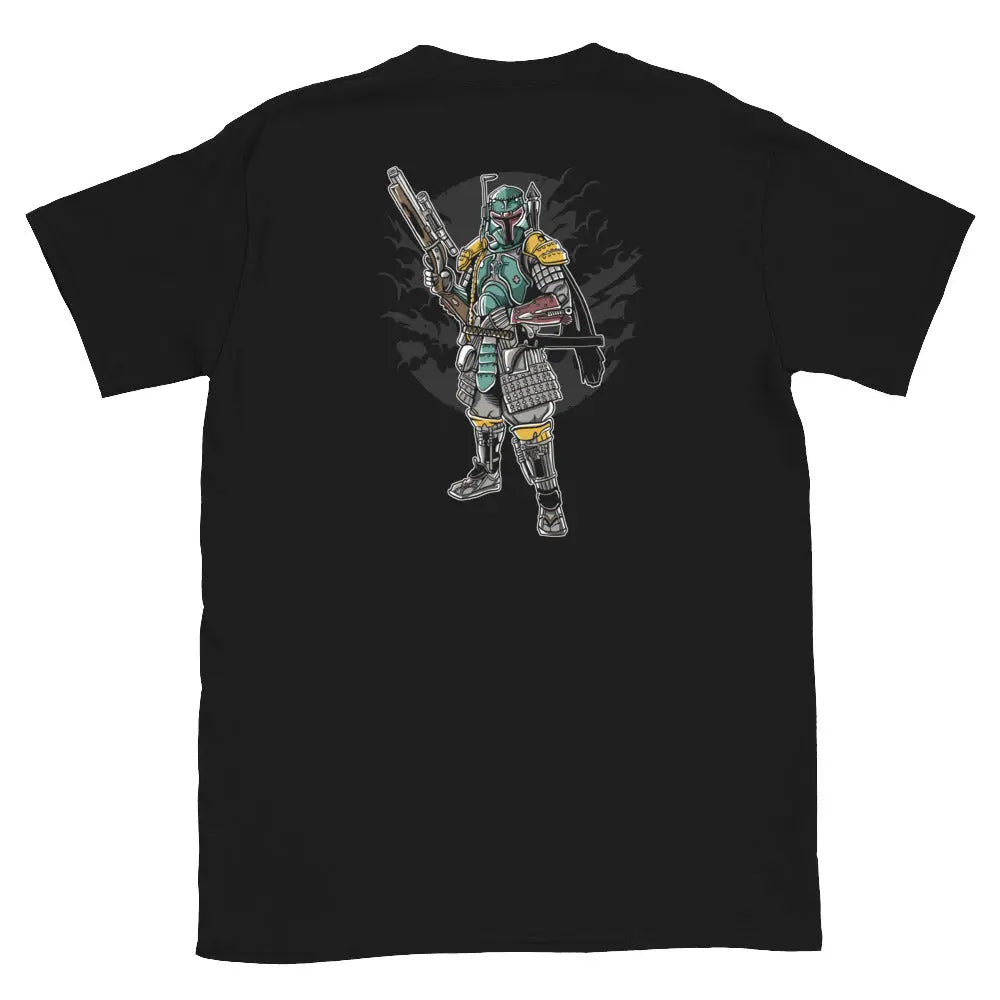 Black T-Shirt with a bounty hunter on the back of the warrior culture t-shirt.