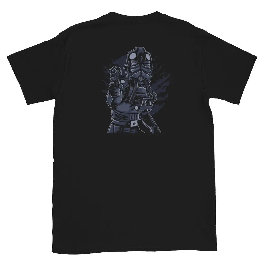An Imperial Fighter Pilot printed on the back of a black Warrior Culture T Shirt.
