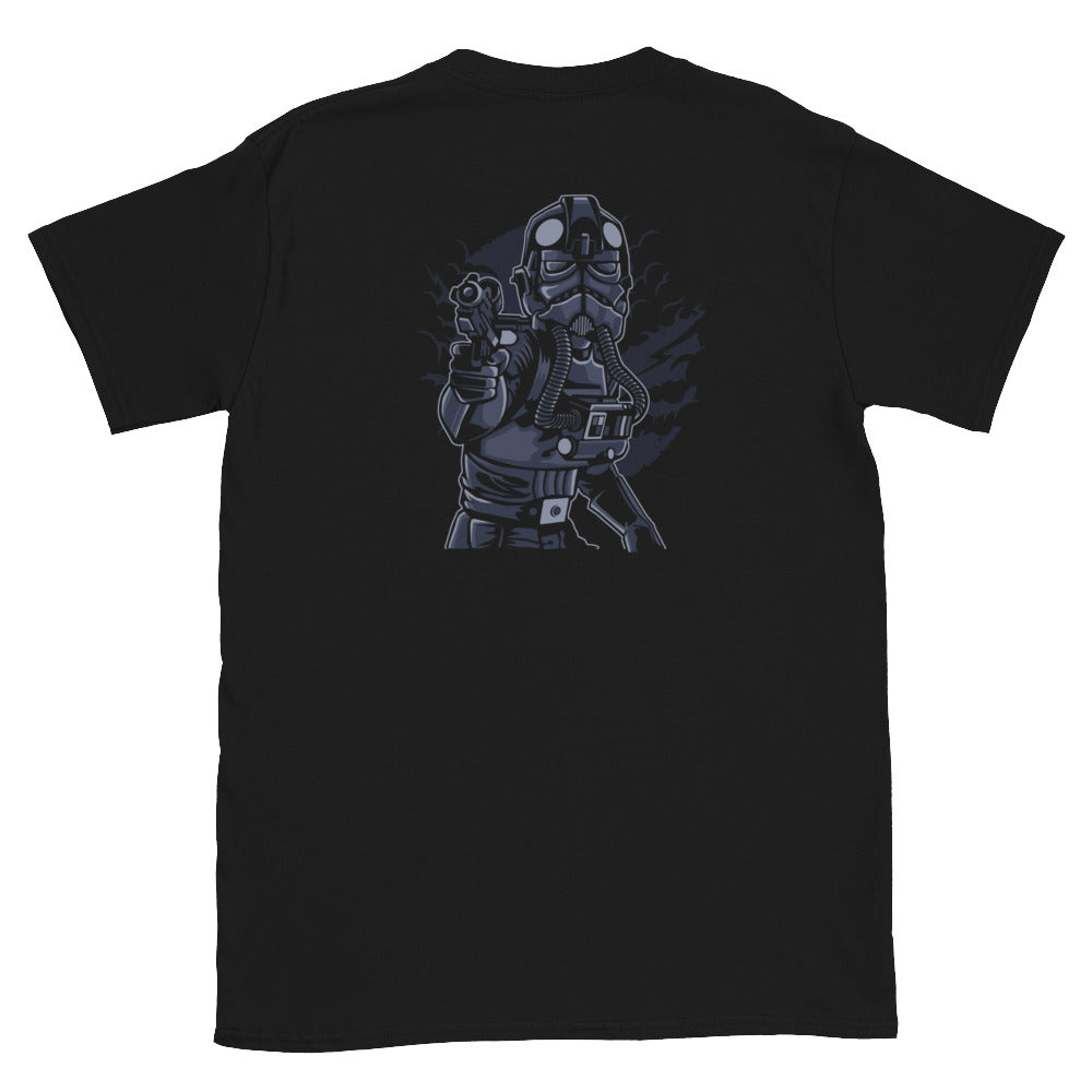 An Imperial Fighter Pilot printed on the back of a black Warrior Culture T Shirt.