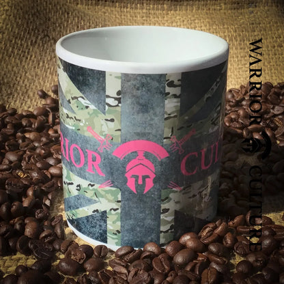 Pink Warrior Culture logo on a multicam Union Flag.