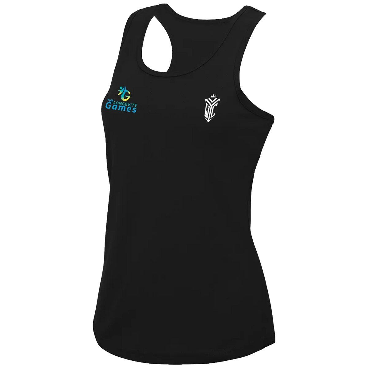 Athena Racerback Vest – The Longevity Games, black, front