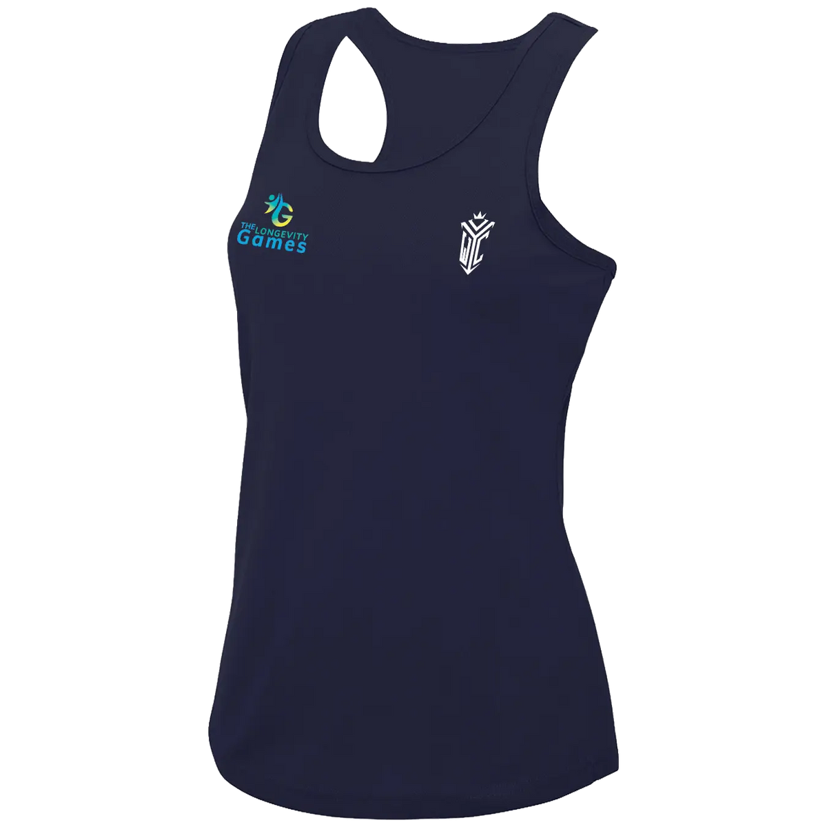 Athena Racerback Vest – The Longevity Games, navy, front