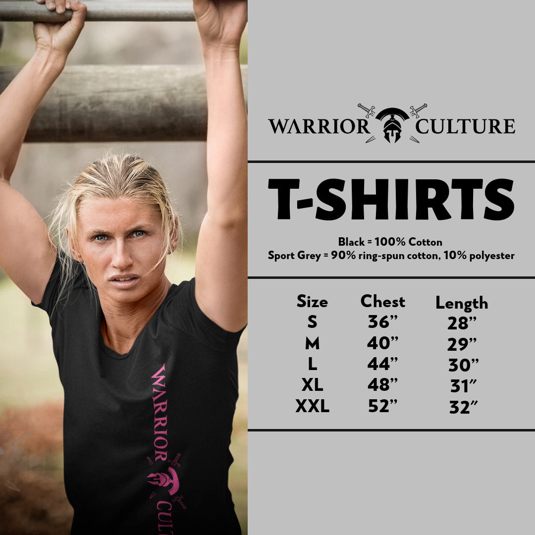 T-Shirt size chart for Warrior Culture T-Shirts.