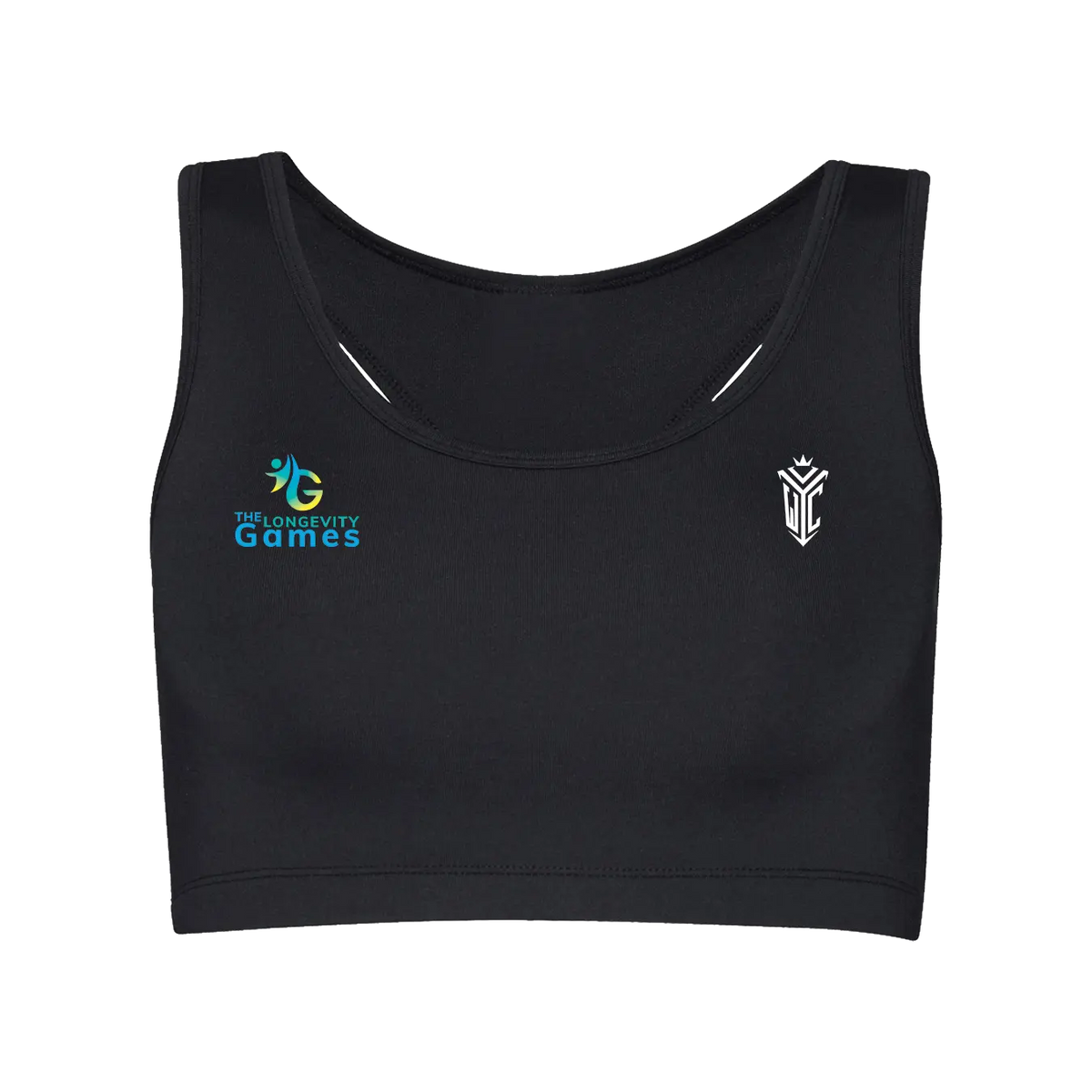 Athena Crop Tank Top – The Longevity Games, black, front