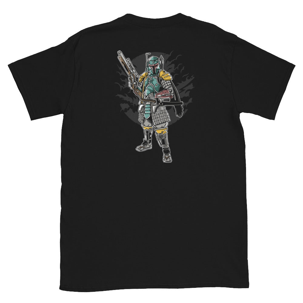 Black T-Shirt with a bounty hunter on the back of the warrior culture t-shirt.