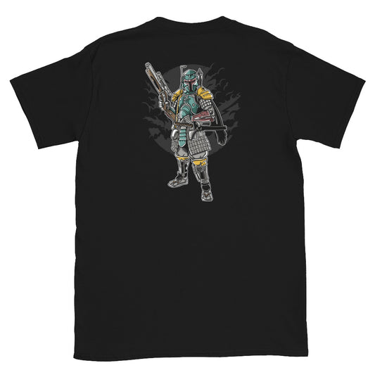 Black T-Shirt with a bounty hunter on the back of the warrior culture t-shirt.