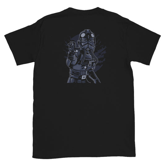 An Imperial Fighter Pilot printed on the back of a black Warrior Culture T Shirt.