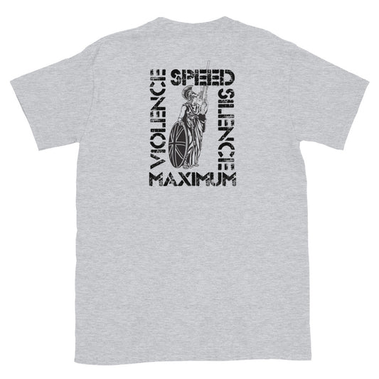 Grey Warrior Culture T-Shirt with Speed, Silence and Britannia on the back.