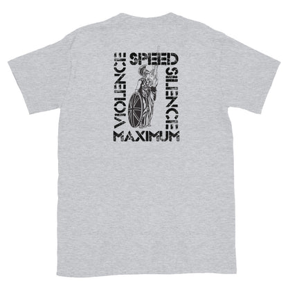 Grey Warrior Culture T-Shirt with Speed, Silence and Britannia on the back.