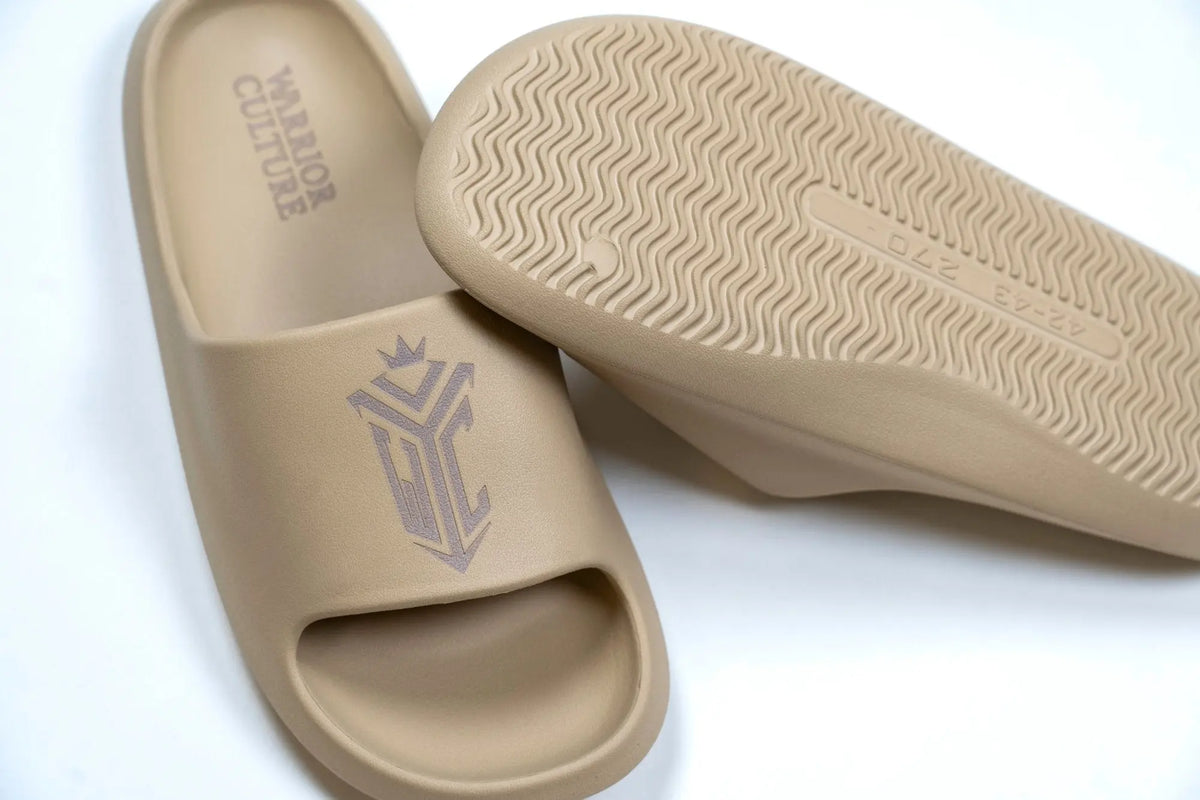 Frontier Recovery Sliders in Beige, Warrior Culture crest and sole detail