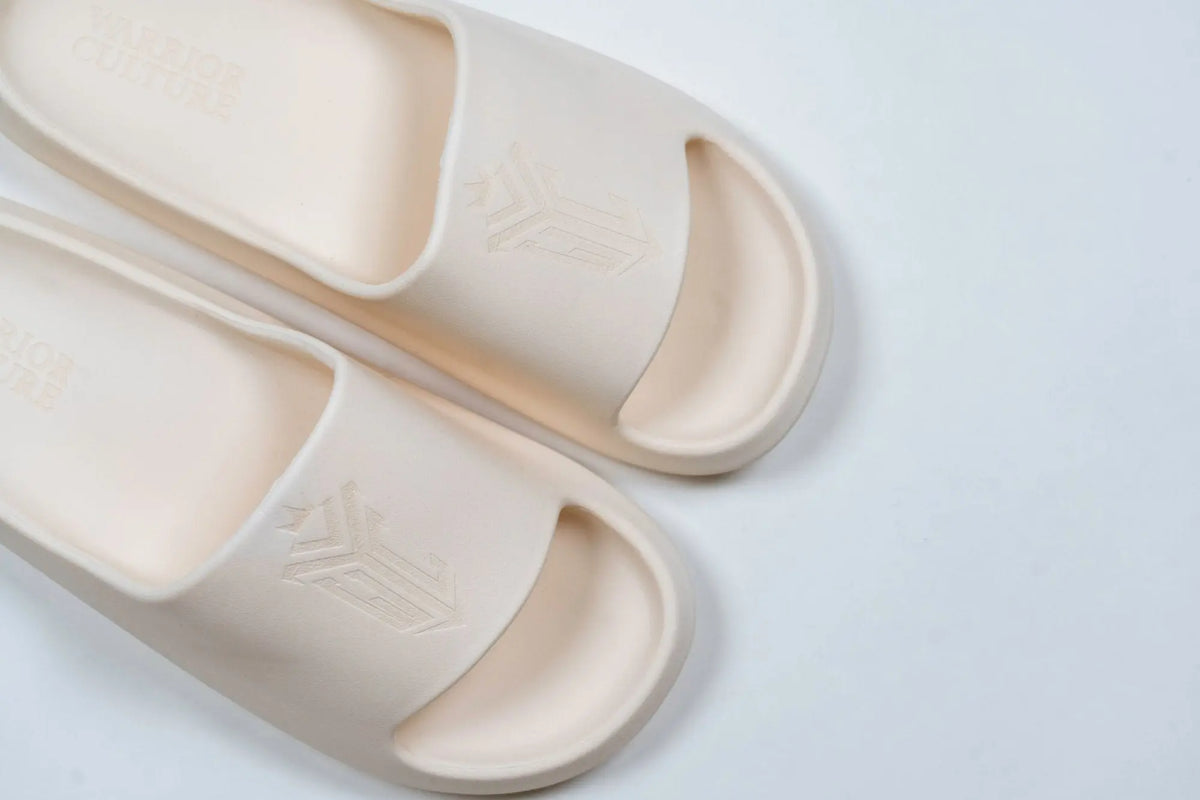Frontier Recovery Sliders in White, debossed Warrior Culture crest